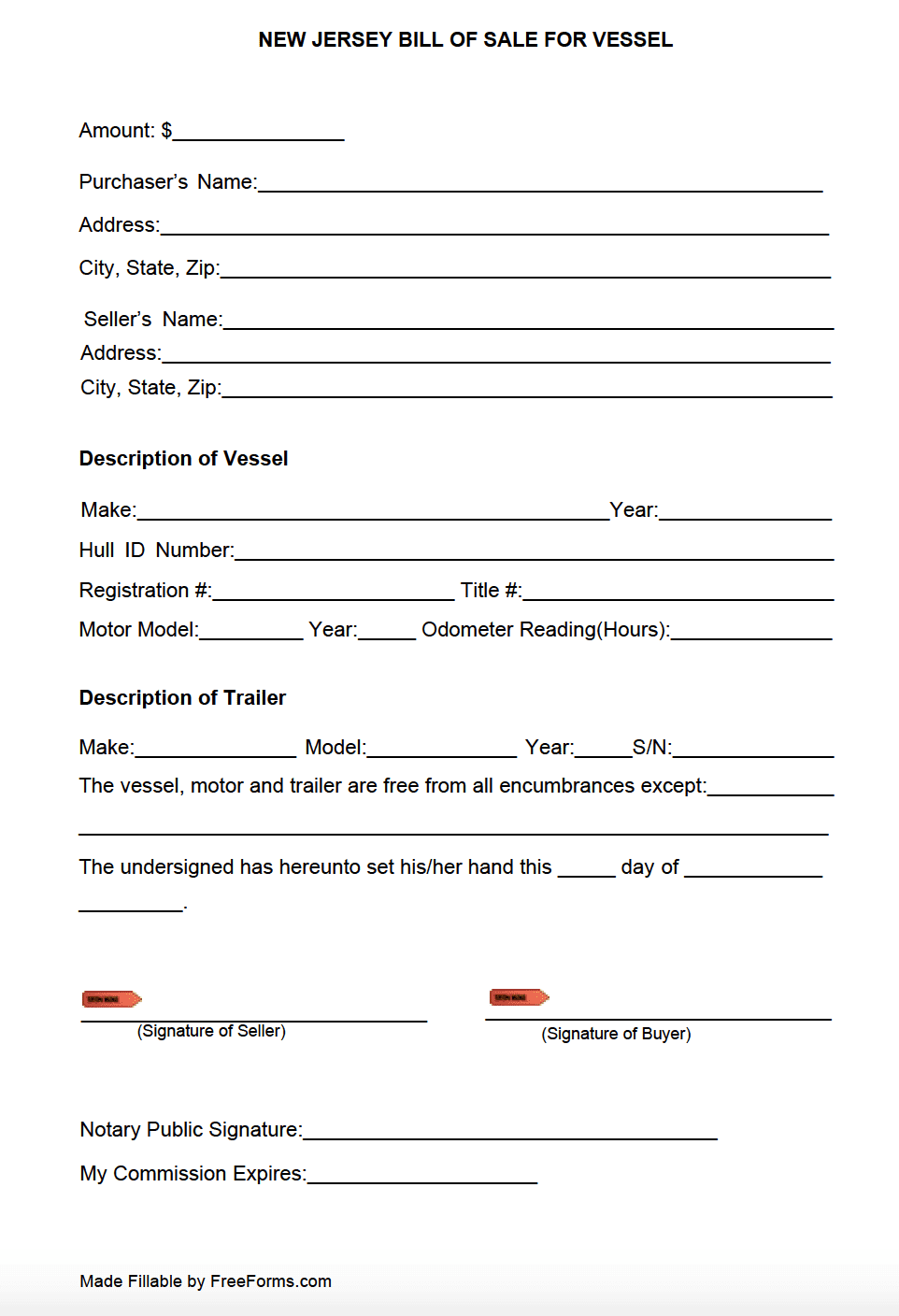 Free New Jersey Boat Vessel Bill Of Sale Form PDF