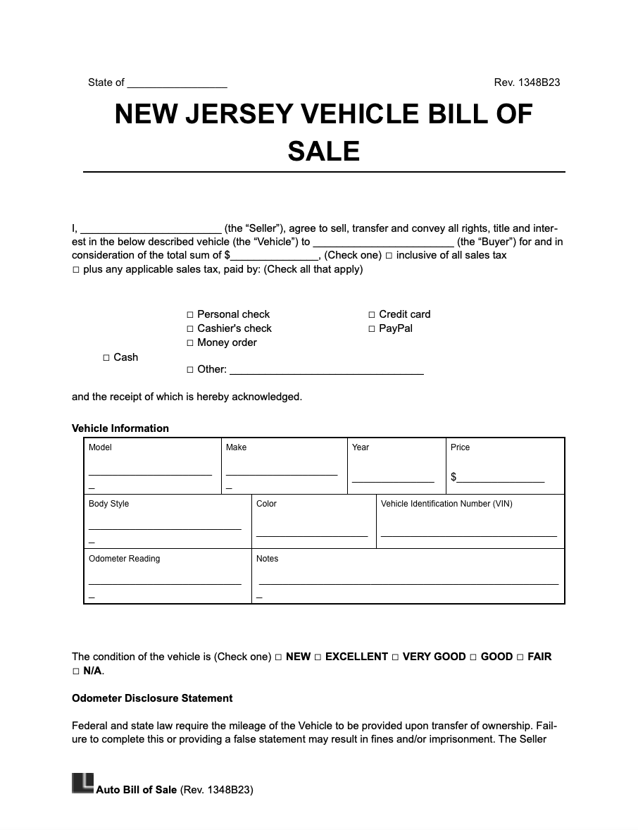 Free New Jersey Motor Vehicle Bill Of Sale Form PDF U0026 Word
