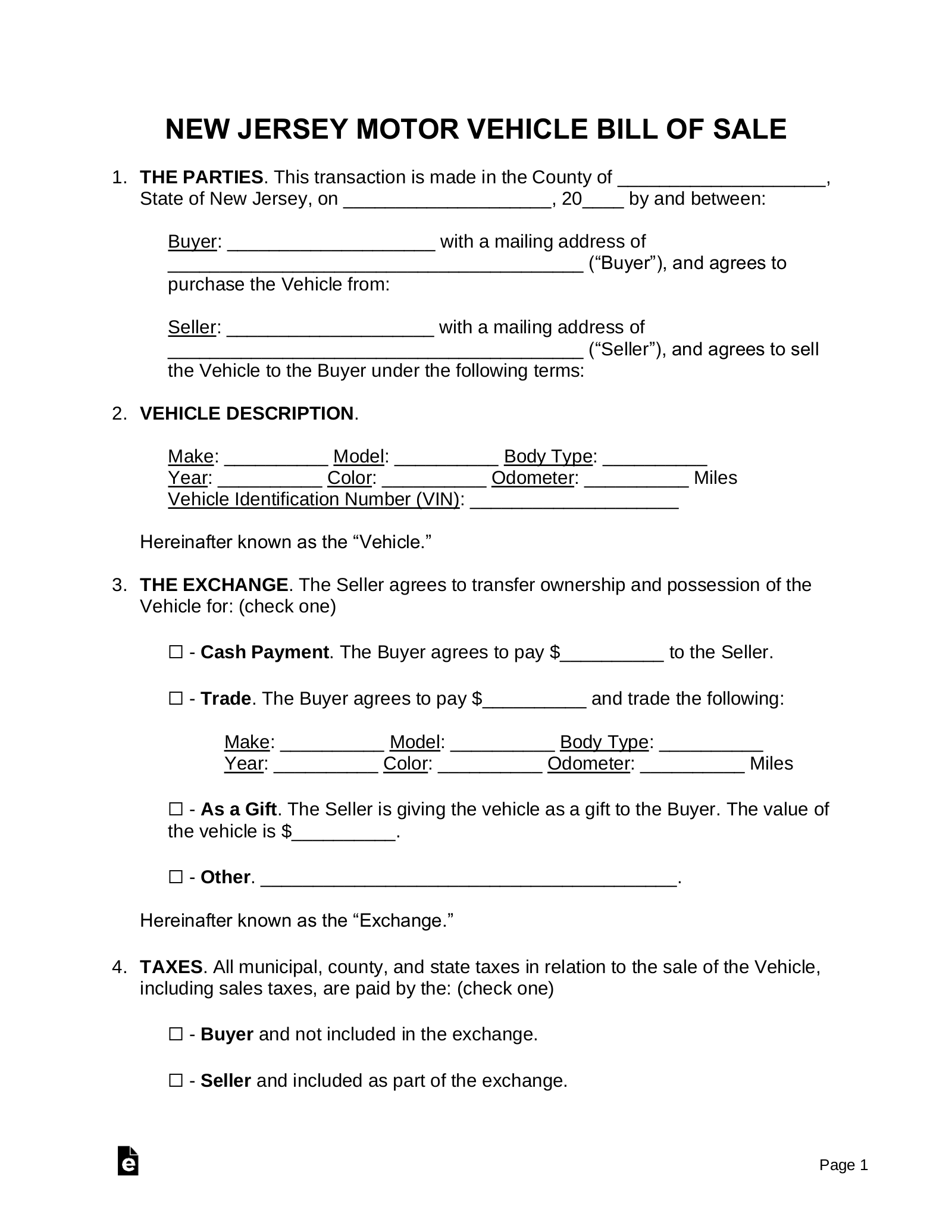 Free New Jersey Motor Vehicle Bill Of Sale Form PDF Word EForms
