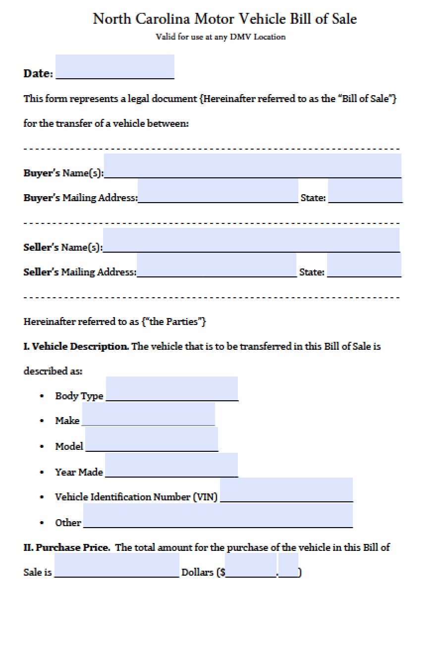 printable vehicle bill of sale nc