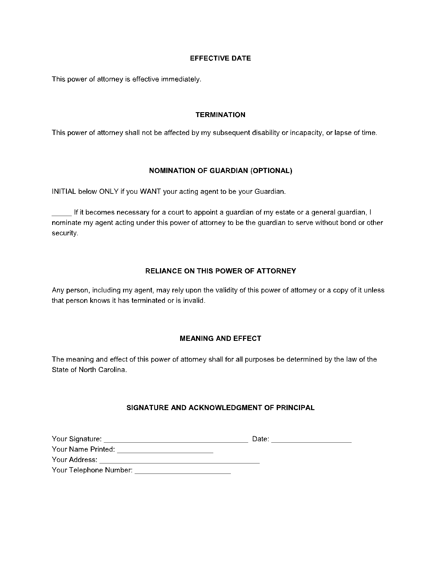free printable nc power of attorney
