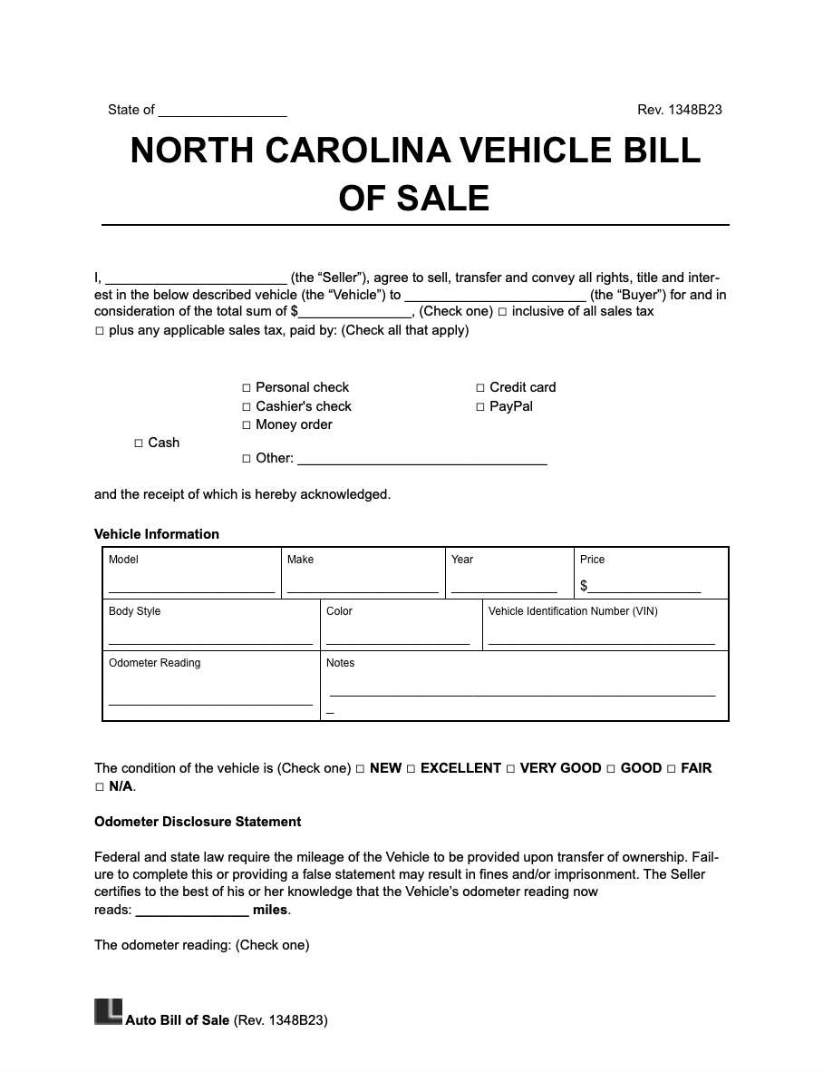 Free North Carolina Motor Vehicle Bill Of Sale Form PDF U0026 Word