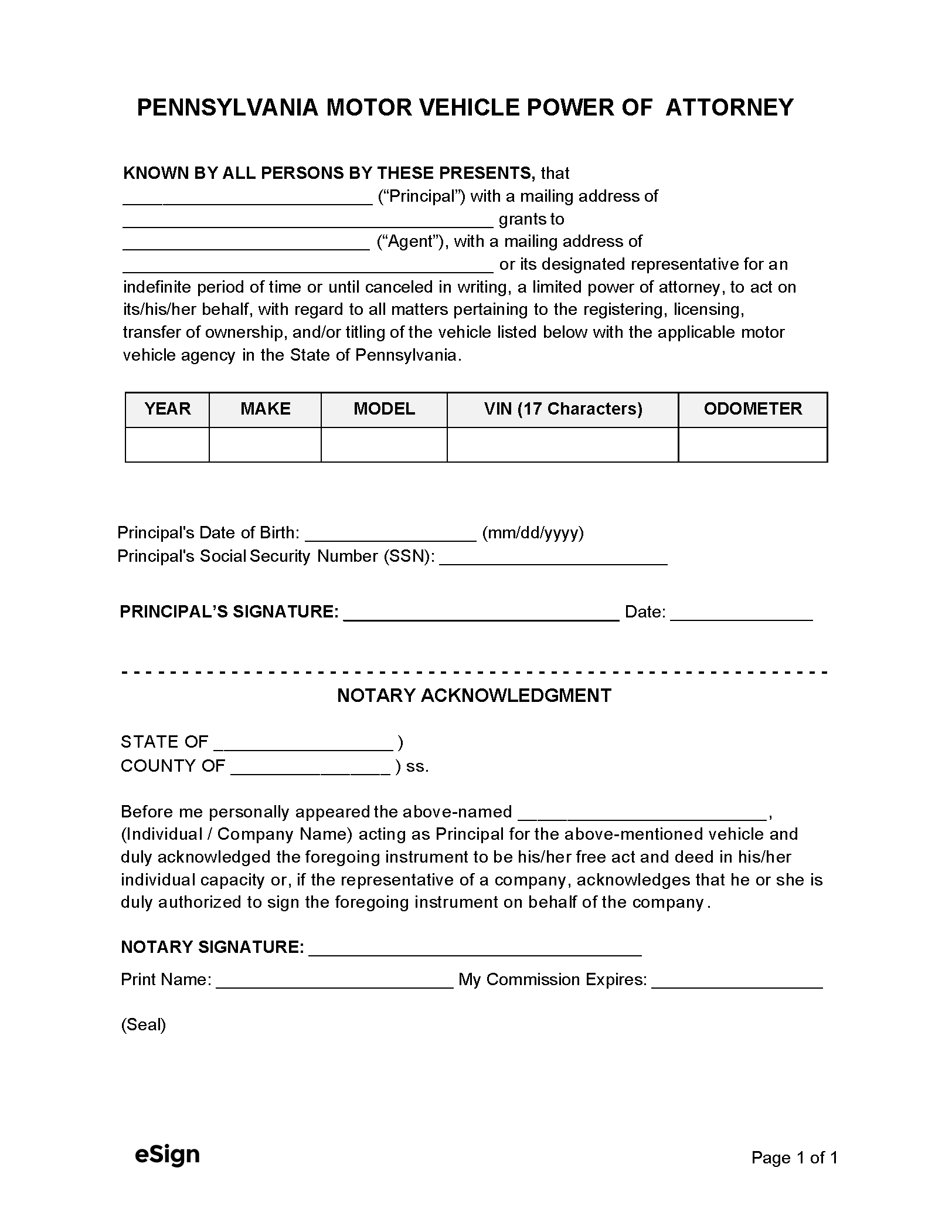 Free Pennsylvania Motor Vehicle DMV Power Of Attorney Form PDF 