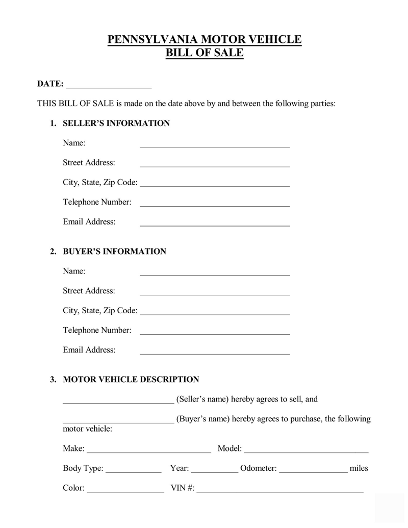 Free Pennsylvania Vehicle Bill Of Sale Forms