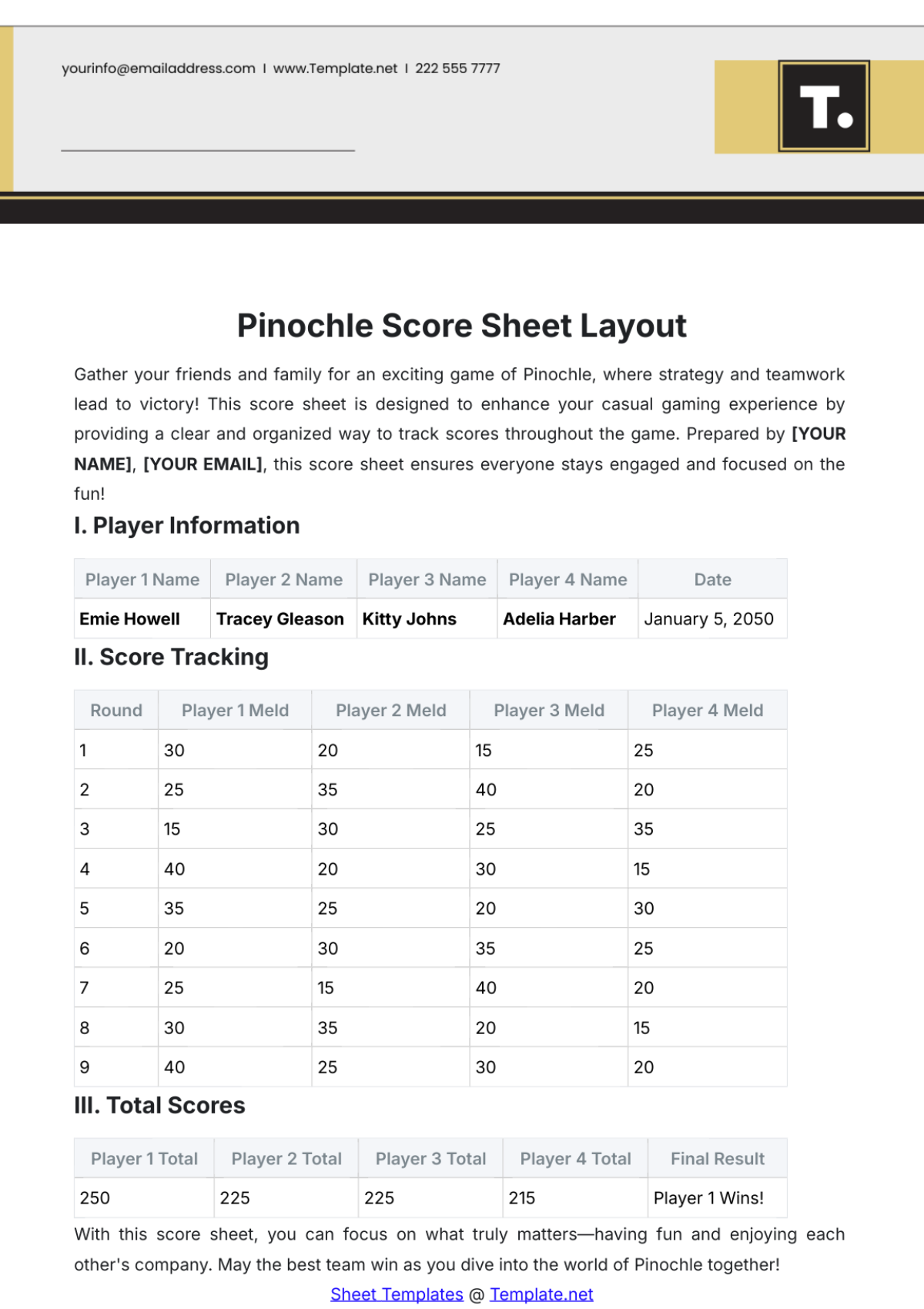 Free Pinochle Score Sheet Layout Template To Edit Online
