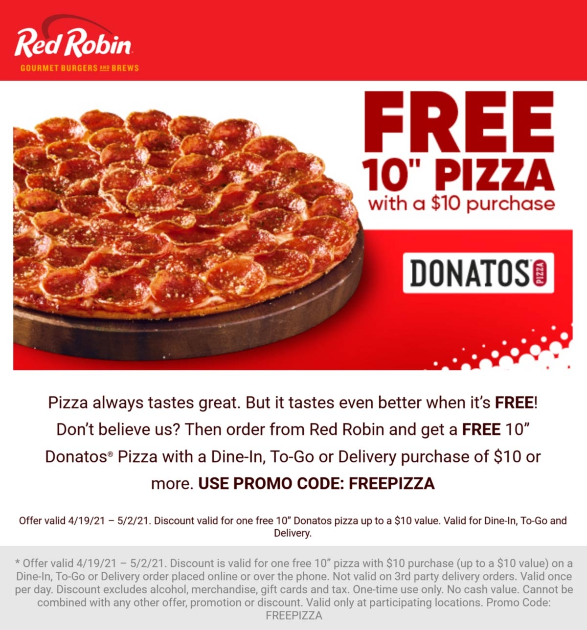 Free Pizza With 10 Spent At Red Robin Via Promo Code FREEPIZZA Red Robin August 2025 Coupons Promo Codes U0026 Deals 