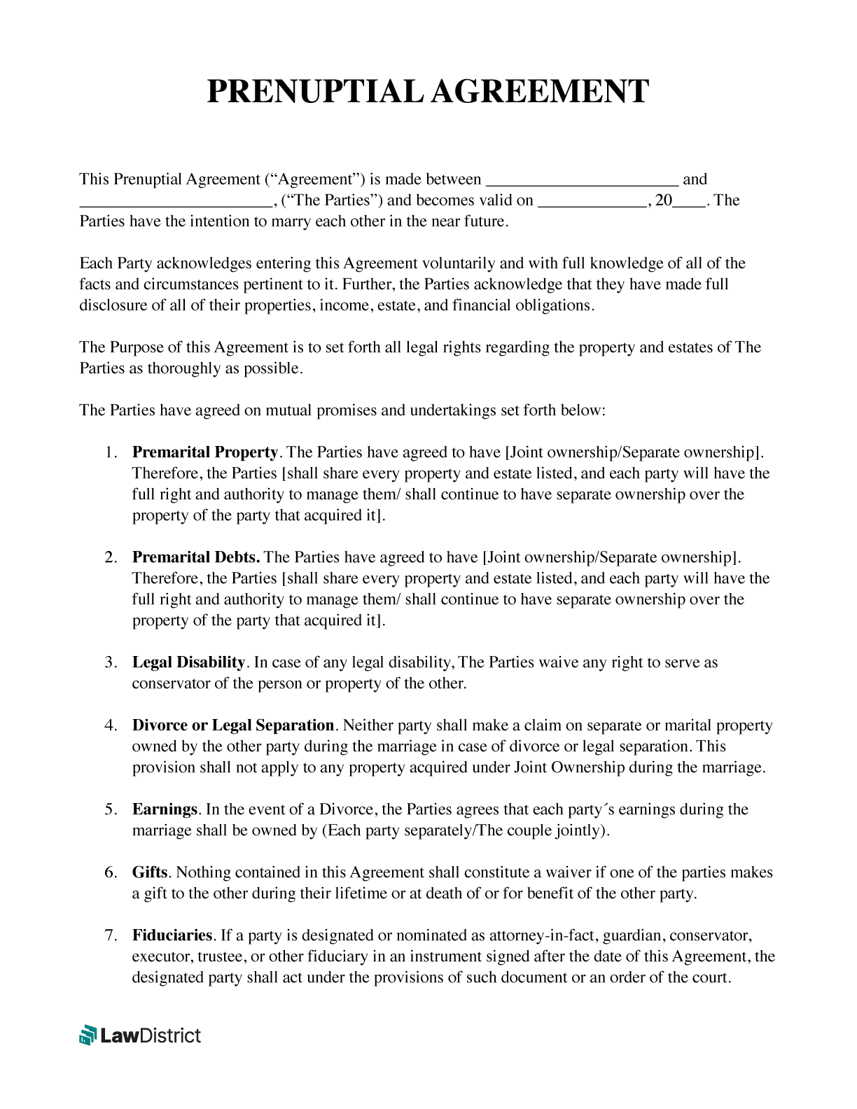Free Prenuptial Agreement Template PDF U0026 Sample LawDistrict