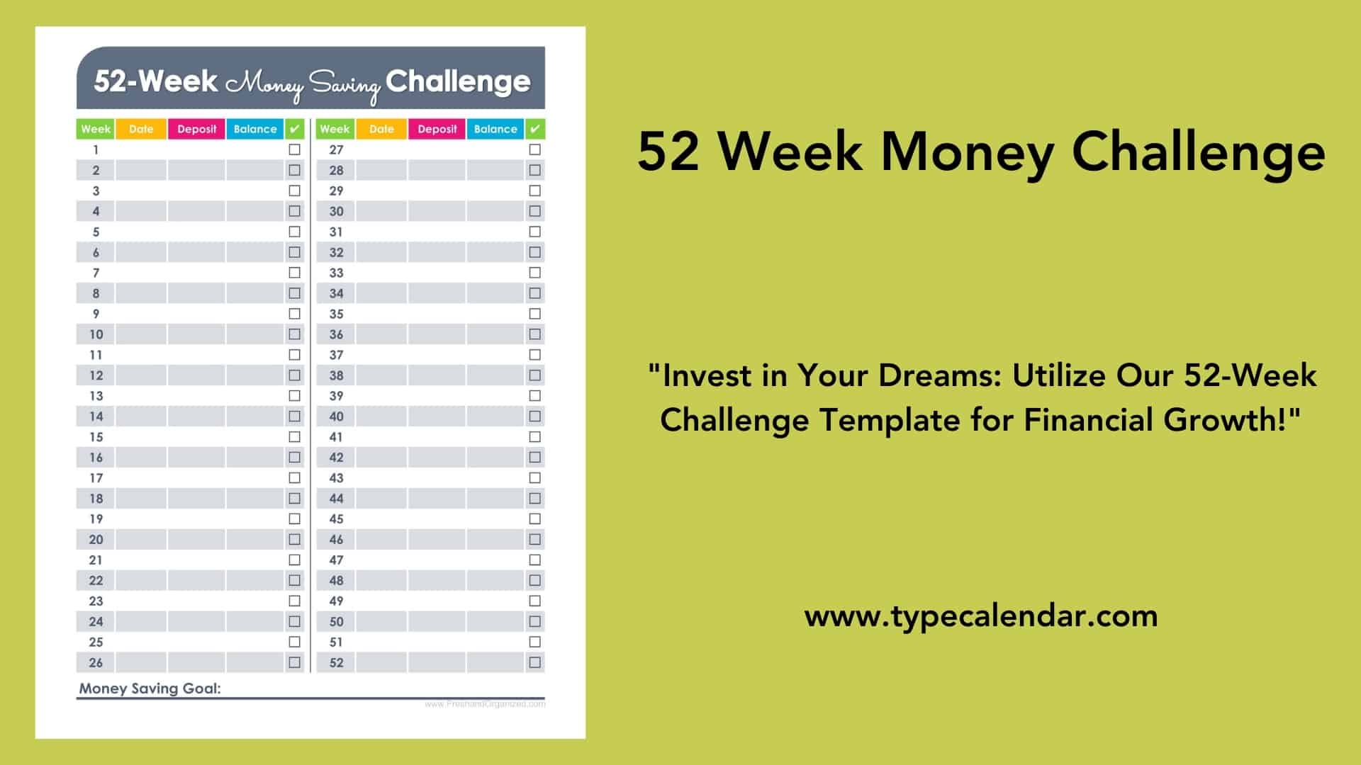 52 week money saving challenge printable