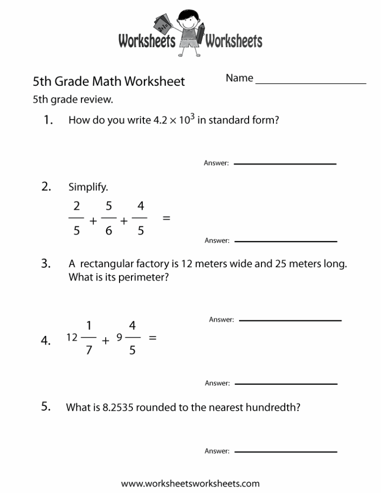 Free Printable 5th Grade Math Review Worksheet