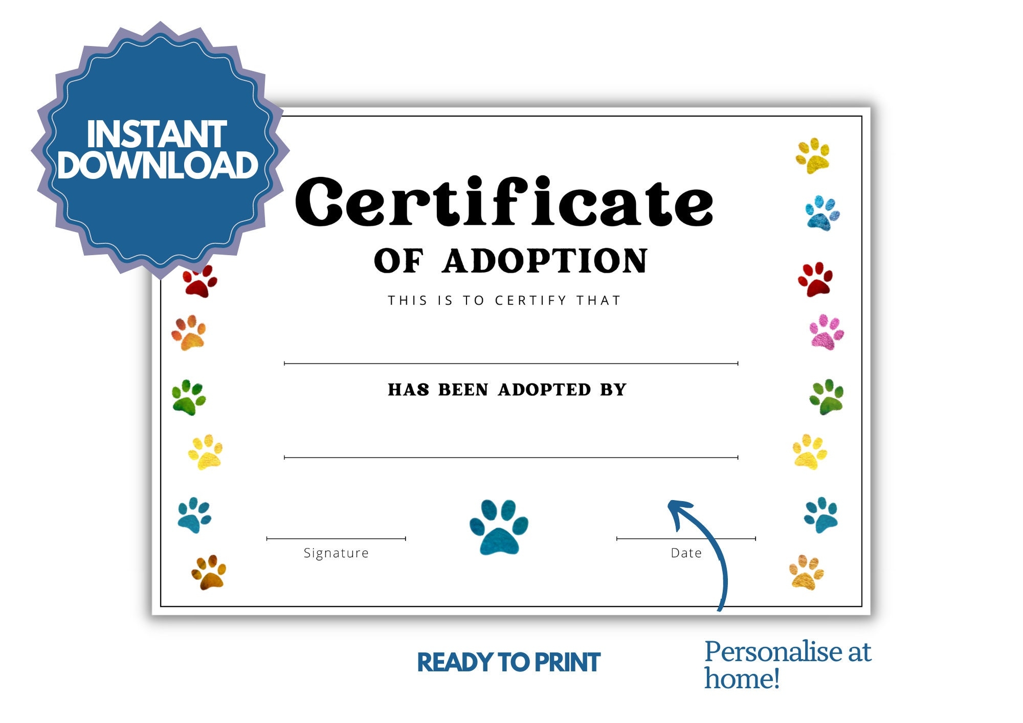 Free Printable Adopt A Pet Certificate Party Digital File 
