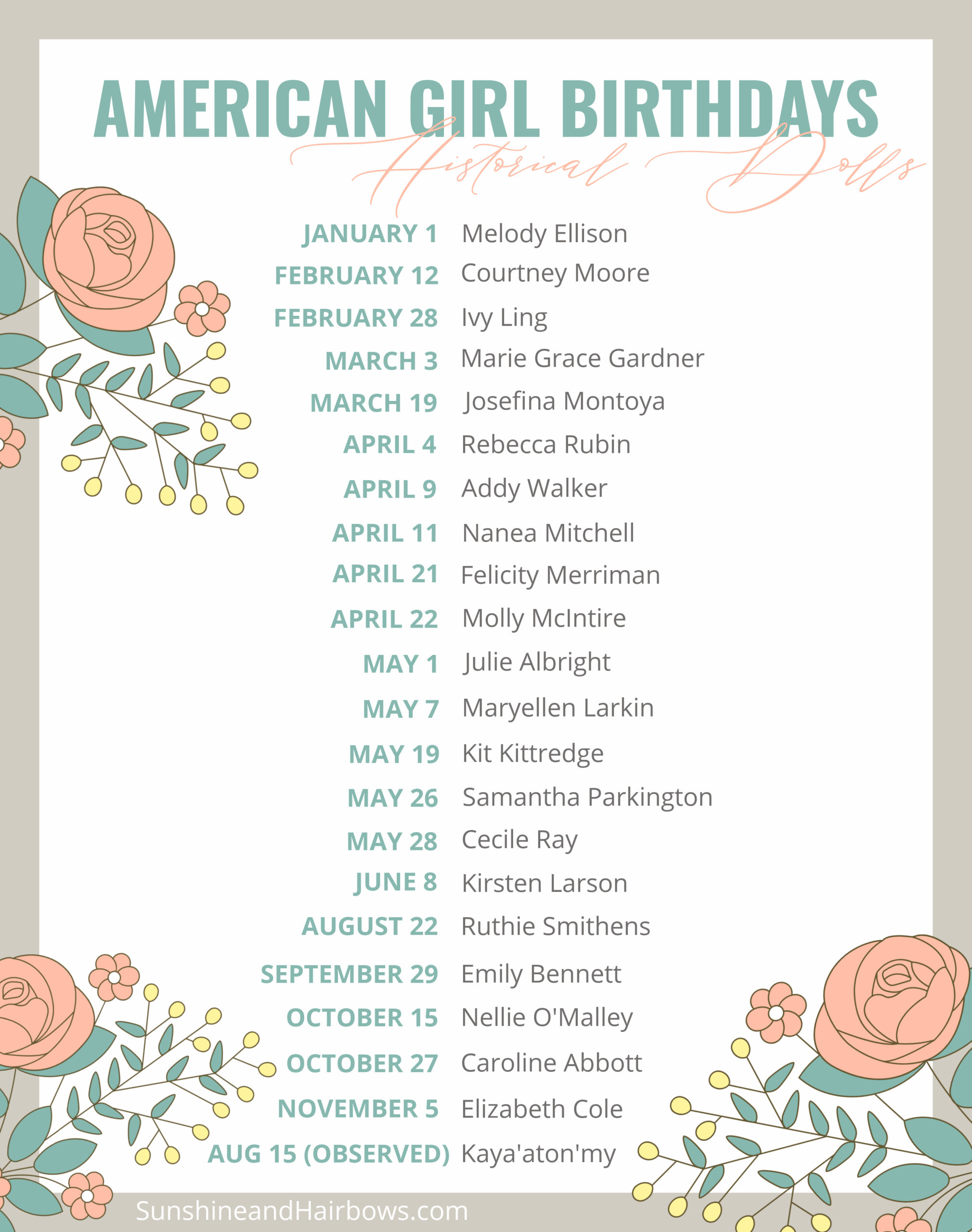 Free Printable American Girl Doll Birthday Calendar Sunshine And Hairbows