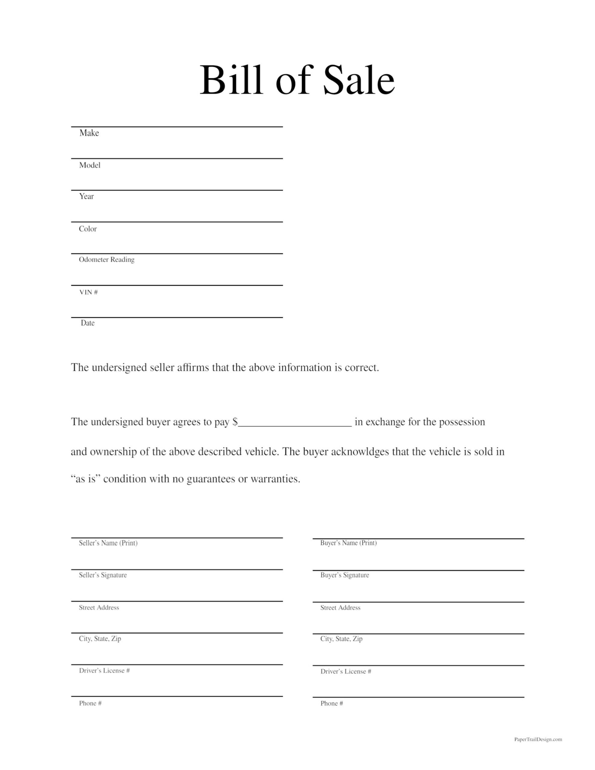 bill of sale form free printable