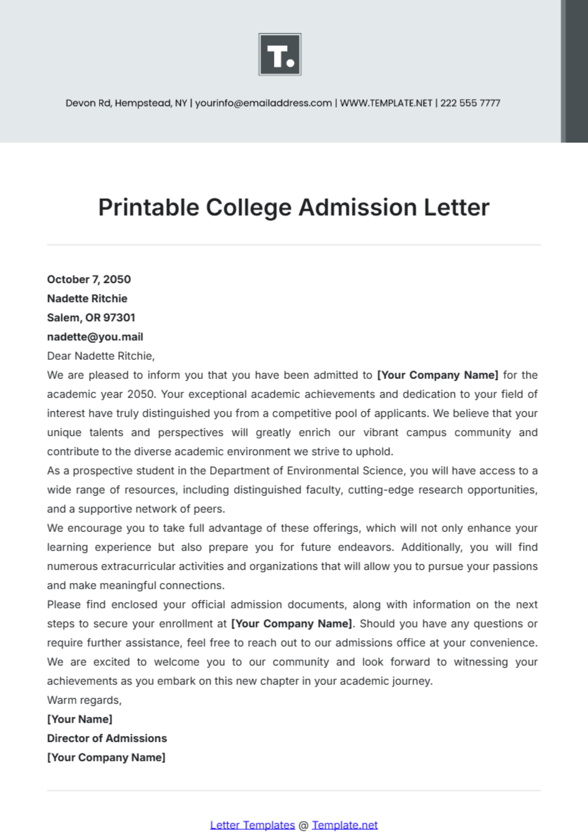 Free Printable College Admission Letter Template To Edit Online