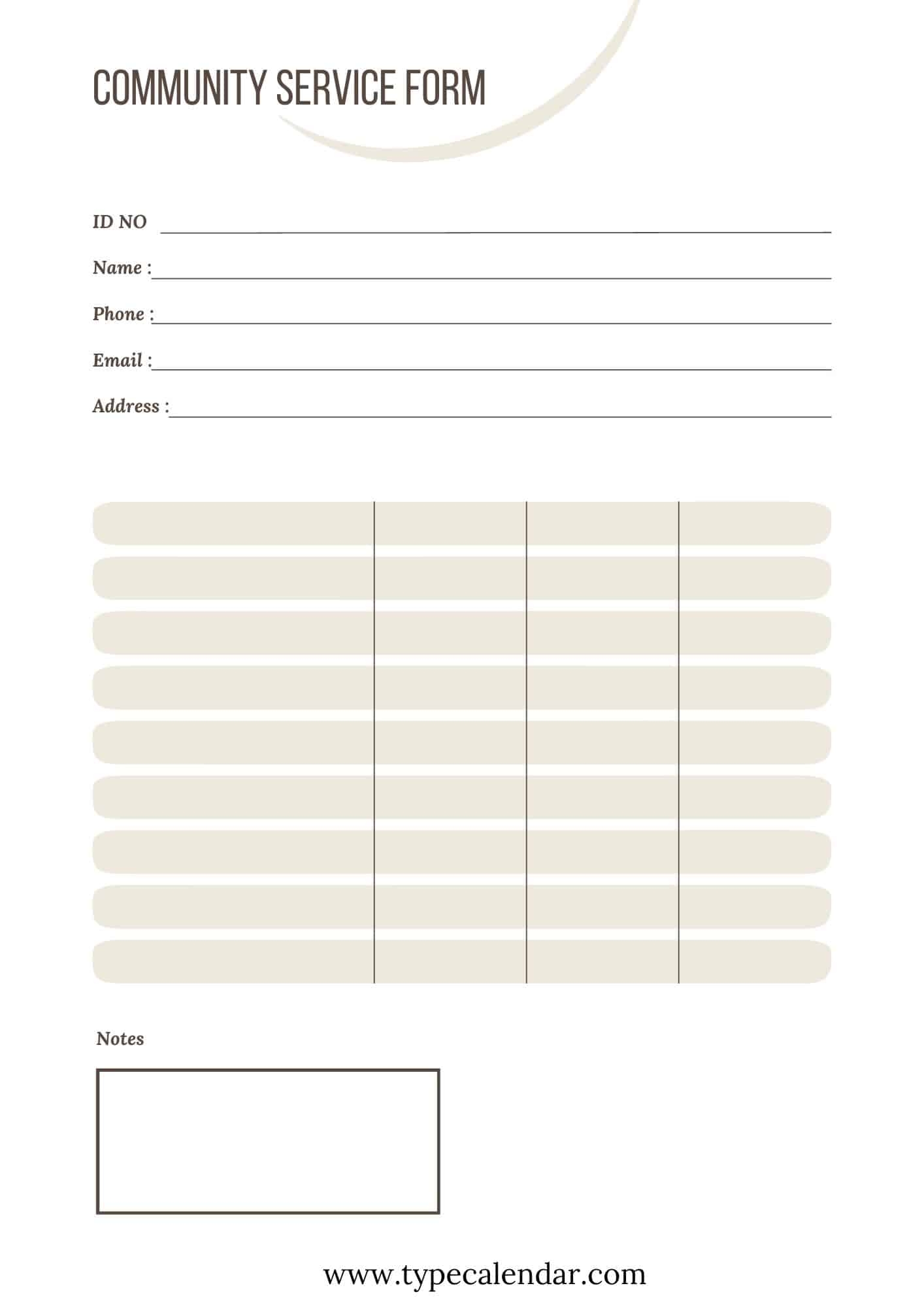 free printable community service log sheet