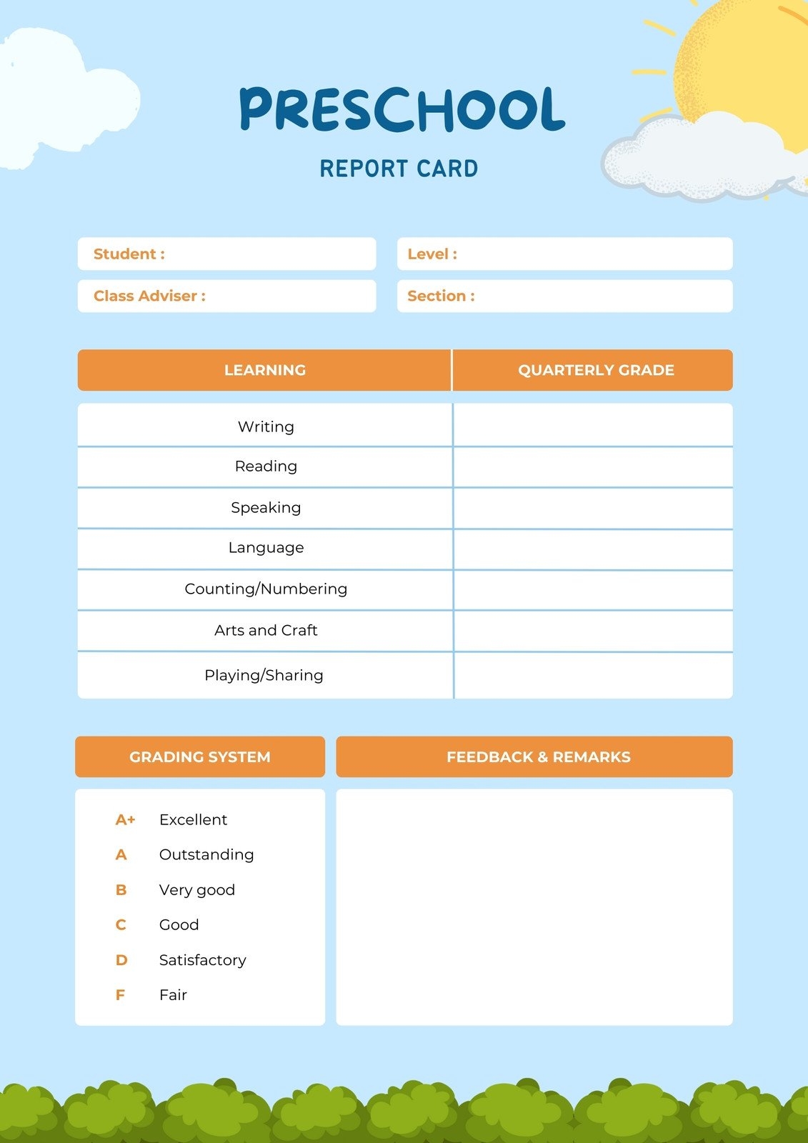 printable kindergarten report card printable kindergarten report card