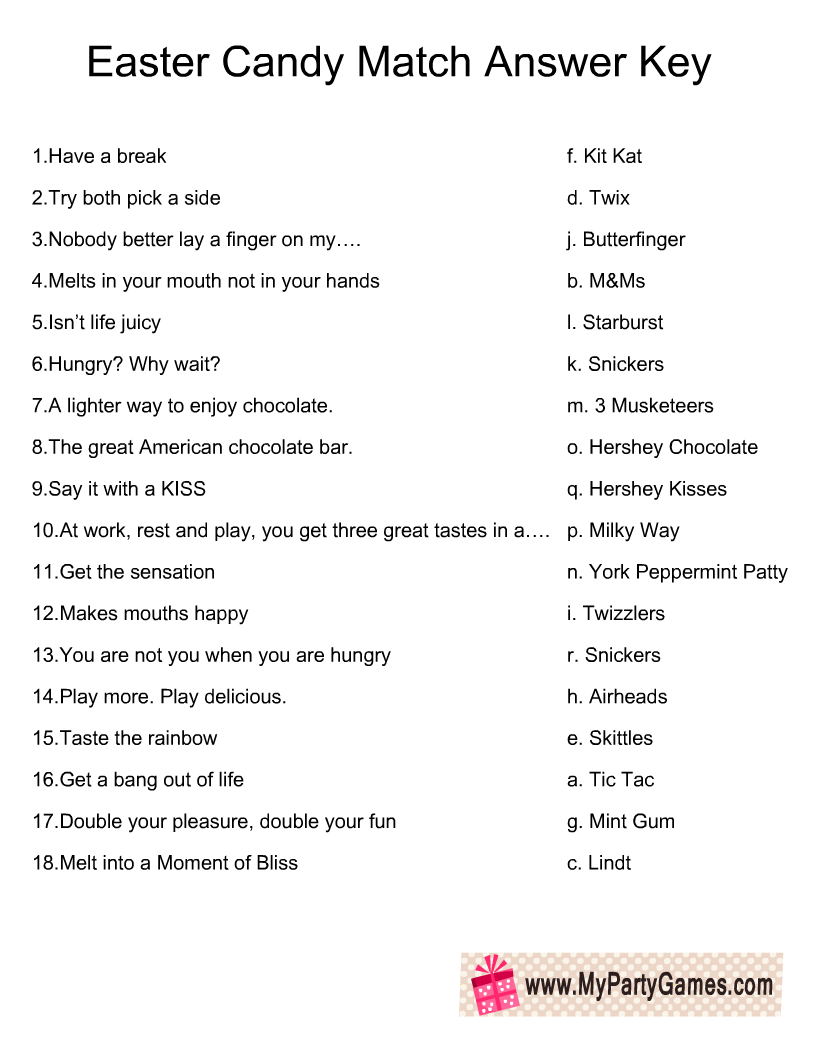 Free Printable Easter Candy Match Game With Key Free Printable Easter Candy Match Game With Key