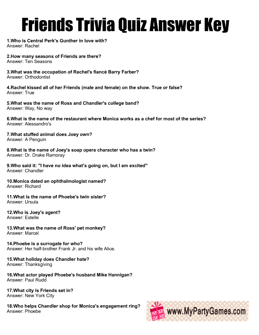 Free Printable Friends TV Show Trivia Quiz With Key