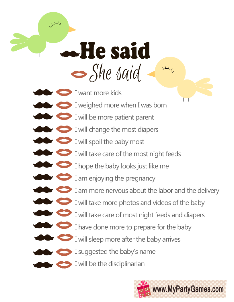 Free Printable He Said She Said Baby Shower Game Free Printable He Said She Said Baby Shower Game