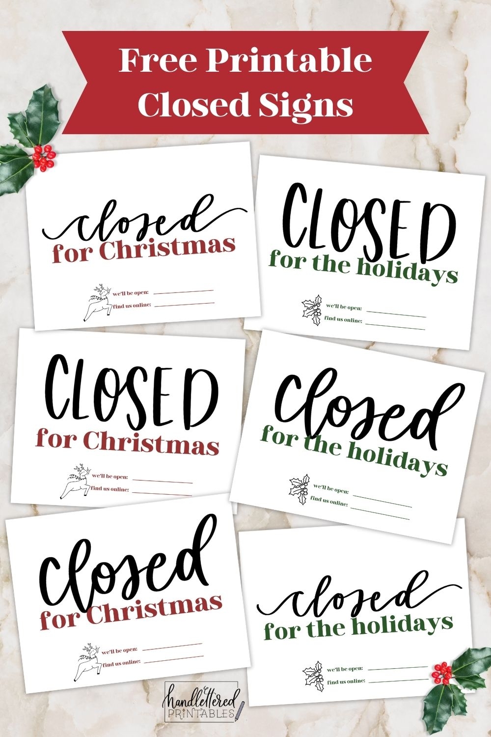 Free Printable Holiday Closed Signs Christmas Version Hand 