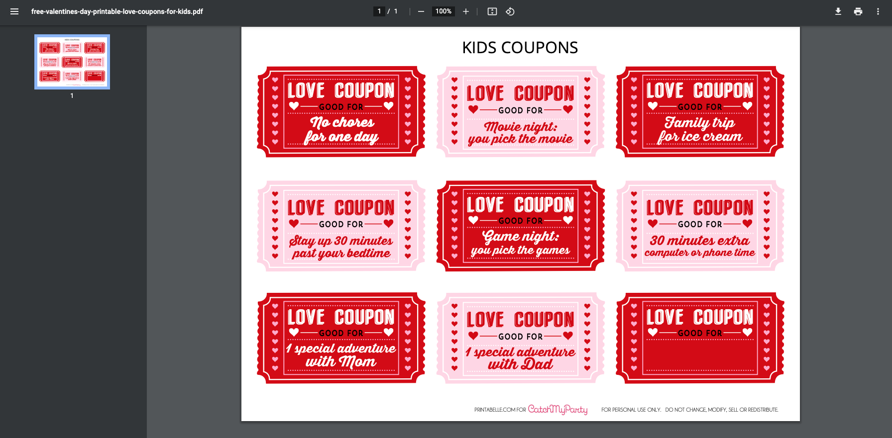 Free Printable Kids Valentine s Day Love Coupons Catch My Party