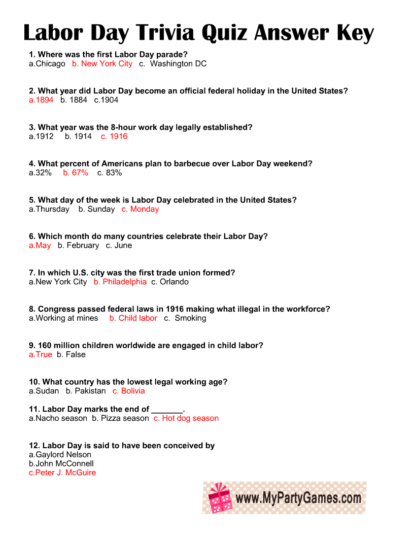 Free Printable Labor Day Trivia Quiz With Answer Key Worksheets 