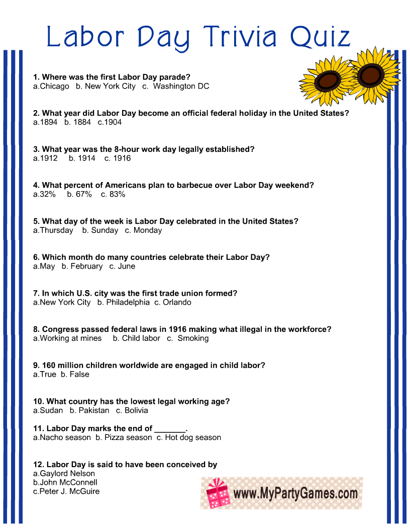 Free Printable Labor Day Trivia Quiz With Answer Key