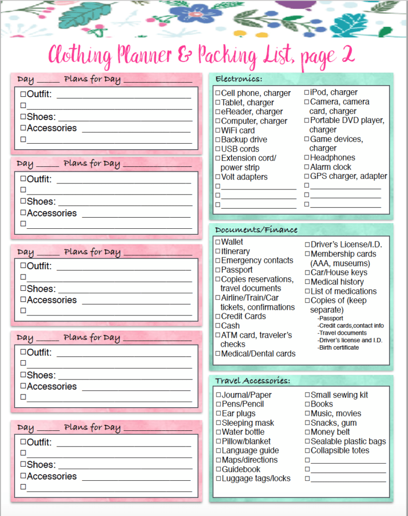 free printable travel packing list