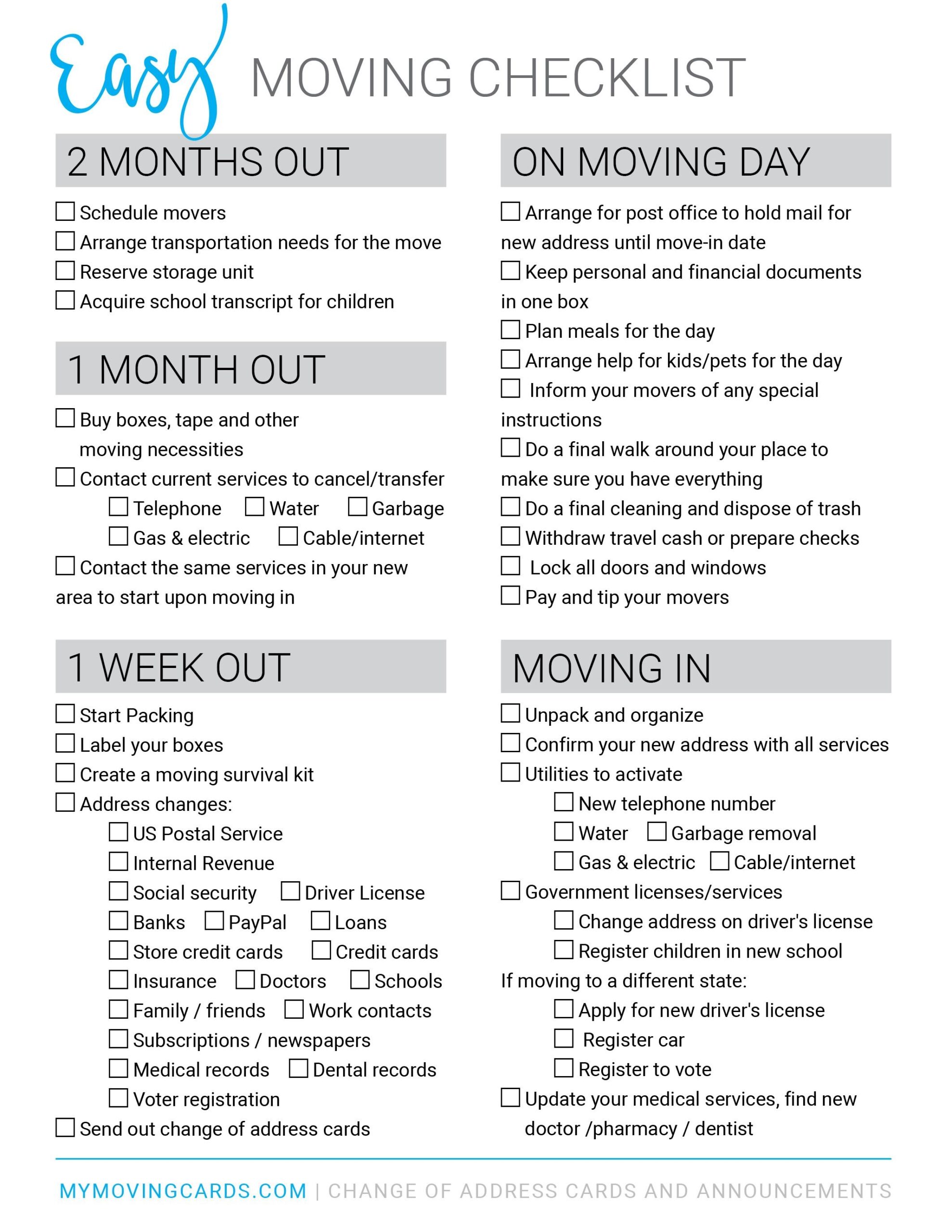 Free Printable Moving Checklist Personalized Moving Cards Worksheets Library