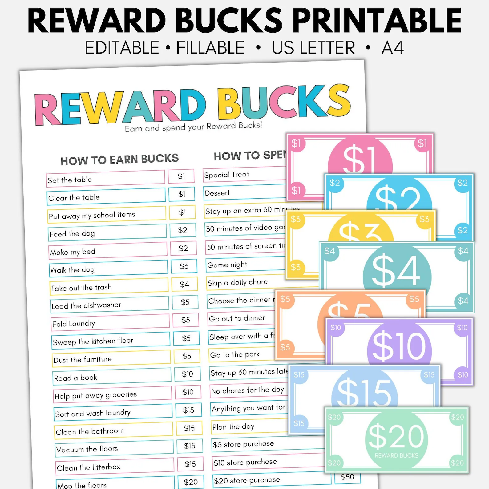 Free Printable Rewards Bucks Editable Kids Reward Bucks Printable Reward System For Kids Chore Bucks Play Money Behavior Chart For Kids At Home