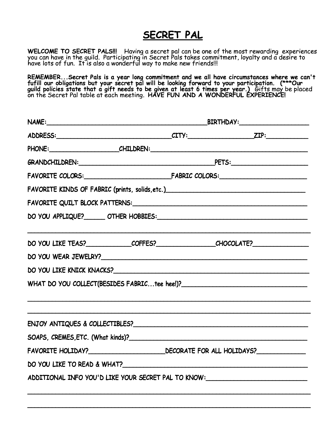 Free Printable Secret Sister Questionnaire Printable Party Favors