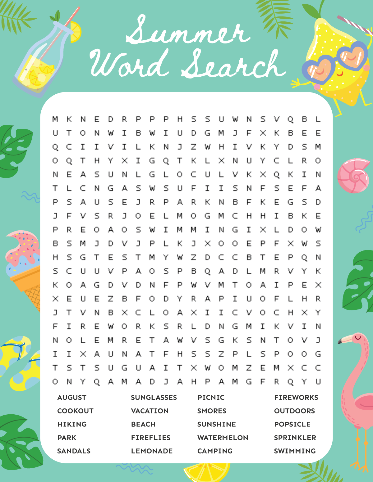 printable summer word search