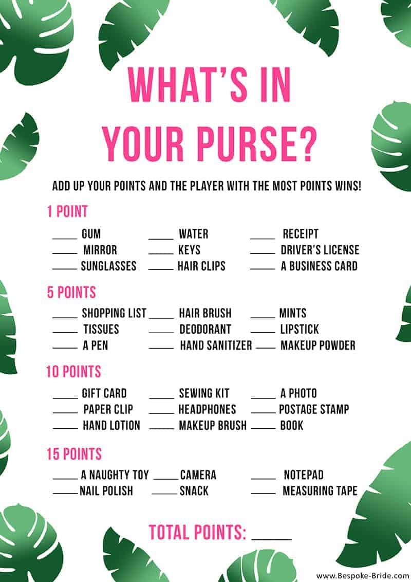 FREE PRINTABLE WHAT S IN YOUR PURSE HEN PARTY U0026 BRIDAL SHOWER GAME FOR A TROPICAL THEME Bespoke Bride Wedding Blog