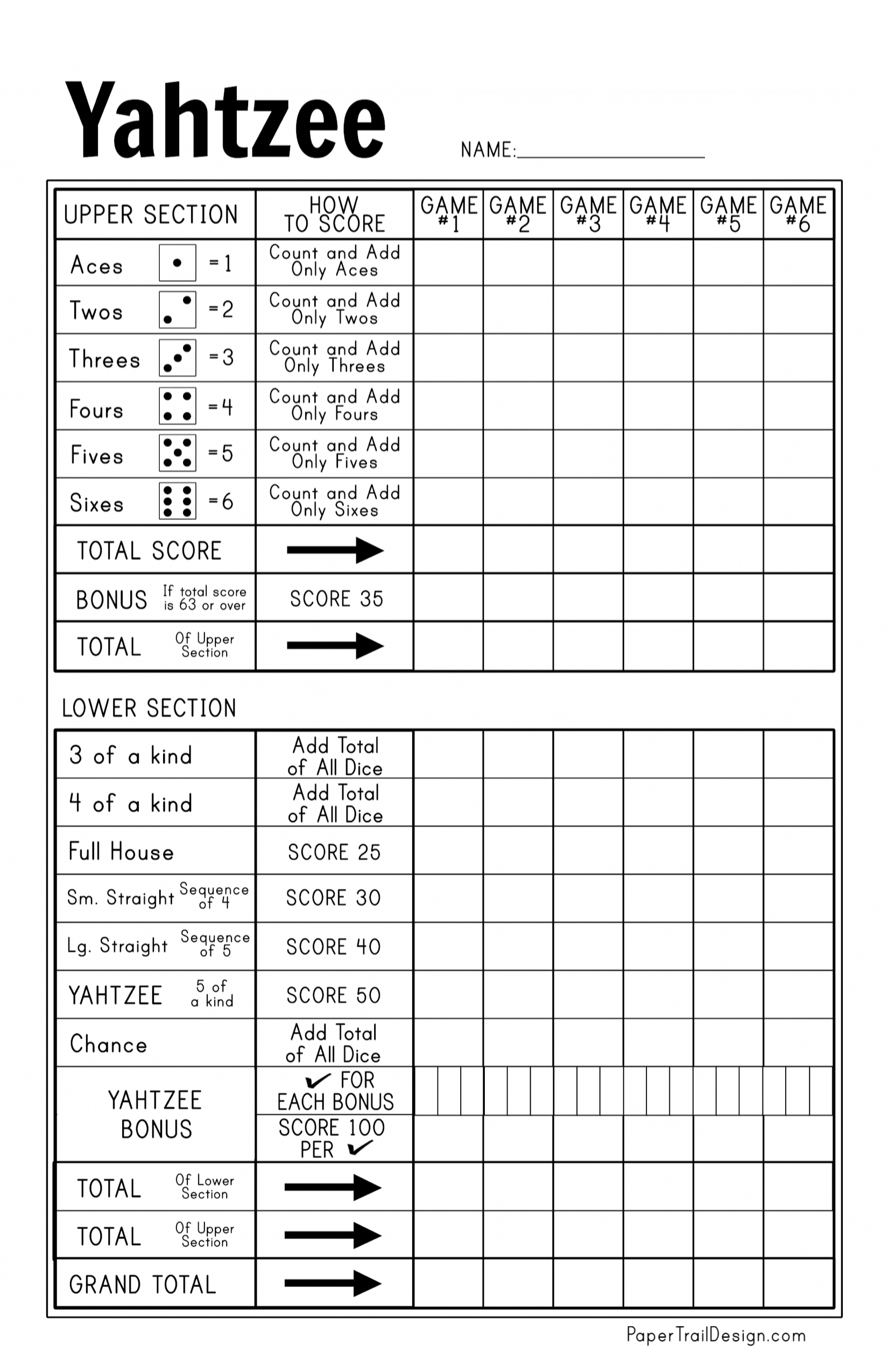 Free Printable Yahtzee Score Card Paper Trail Design Worksheets Library
