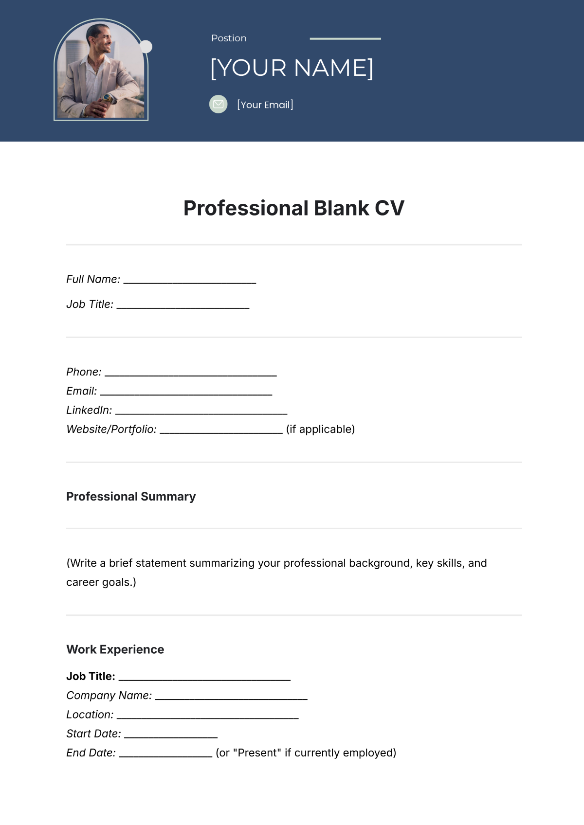 Free Professional Blank CV Template To Edit Online