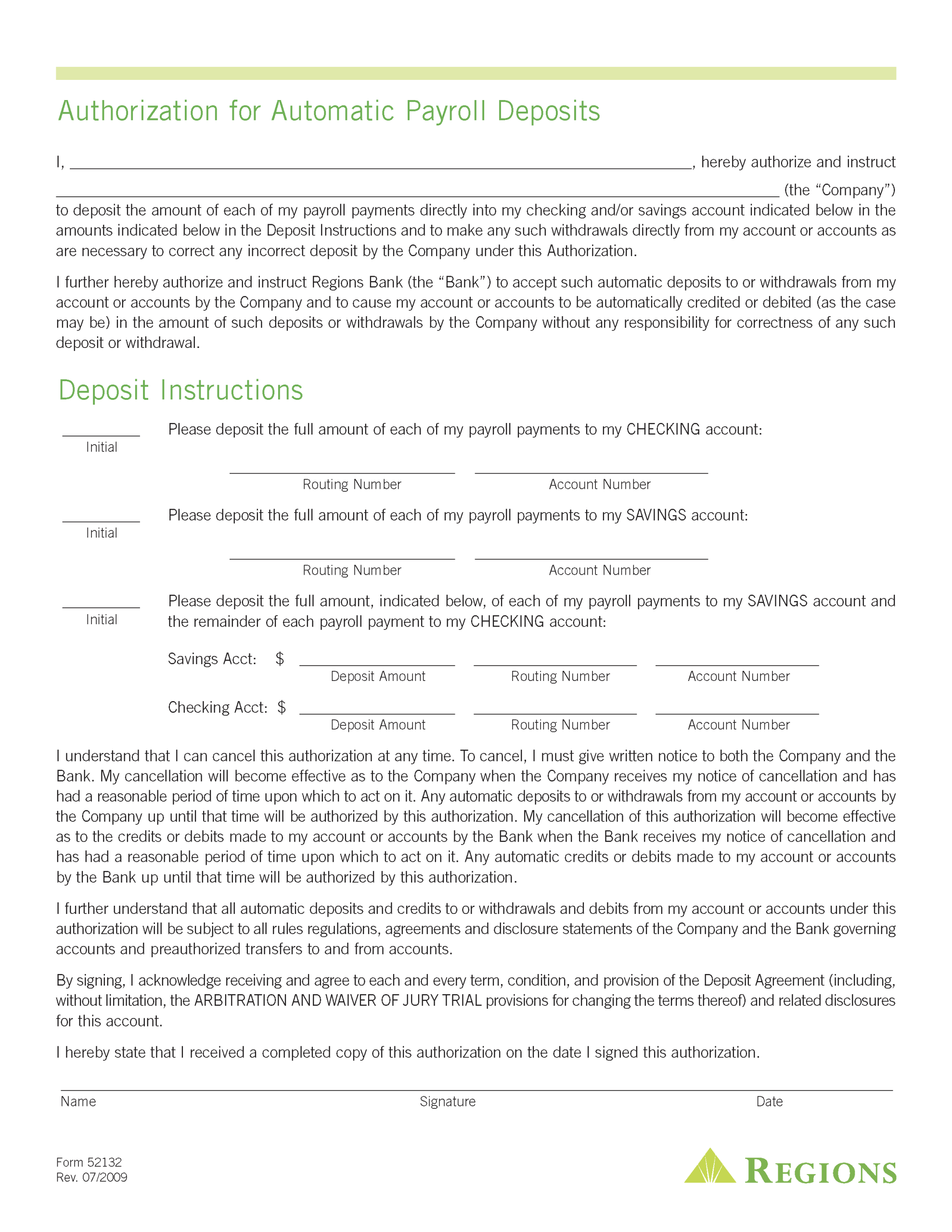 Free Regions Bank Direct Deposit Authorization Form PDF