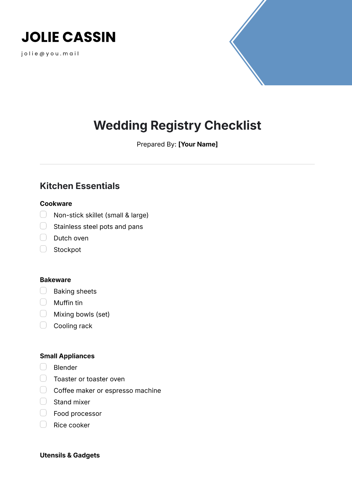 wedding registry checklist printable