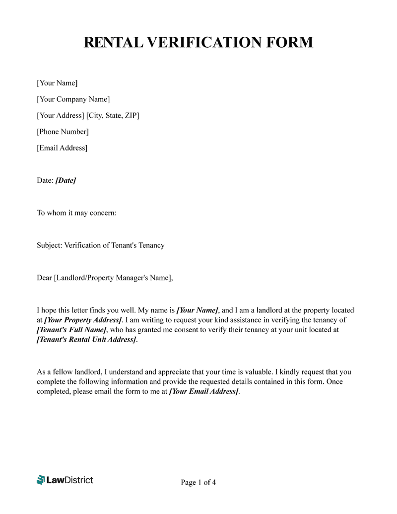 Free Rental Verification Form Download U0026 Print LawDistrict