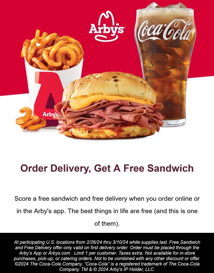 Free Sandwich With Your First Free Delivery At Arbys Arbys 