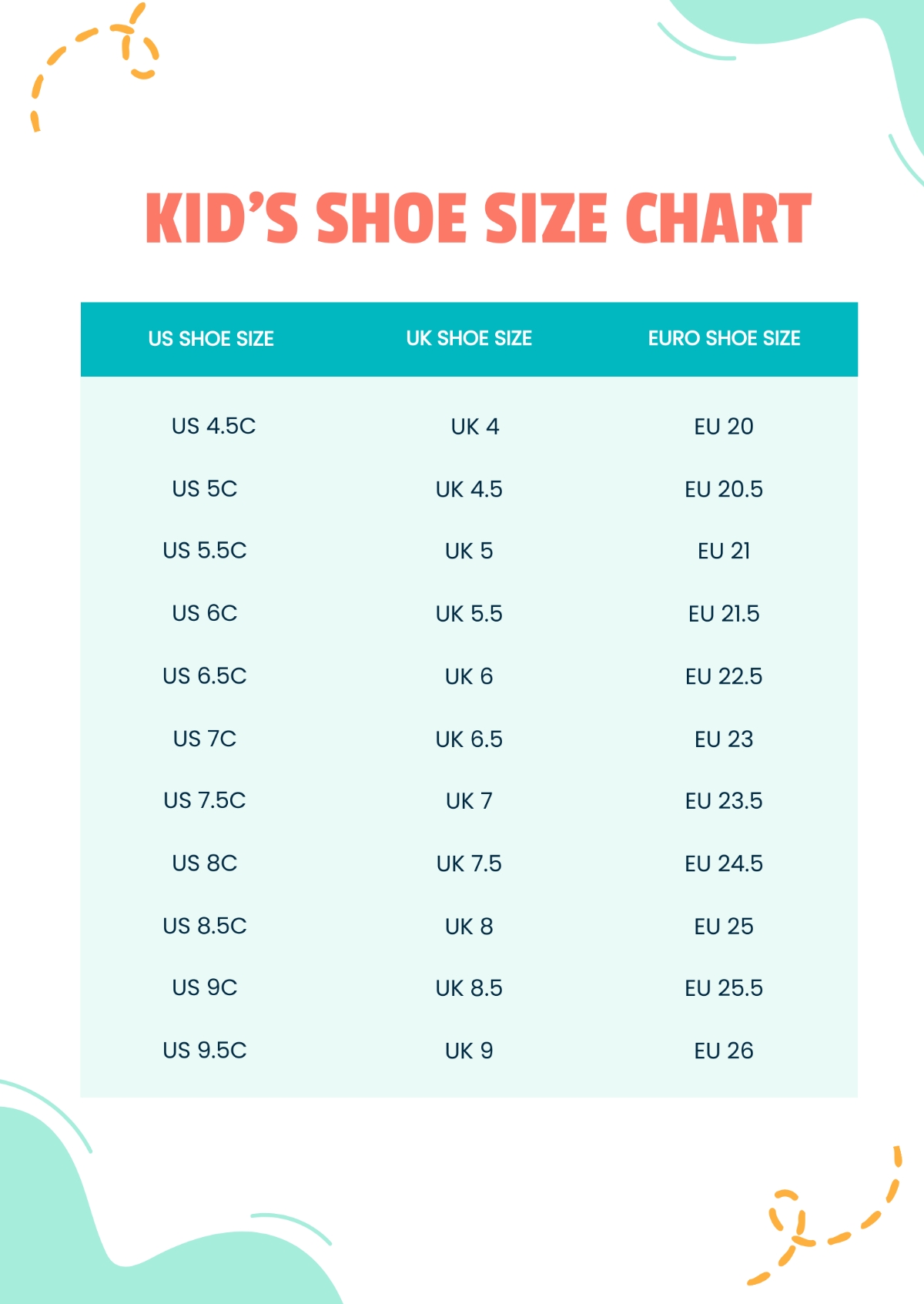 Free Shoe Size Chart Templates Editable And Printable