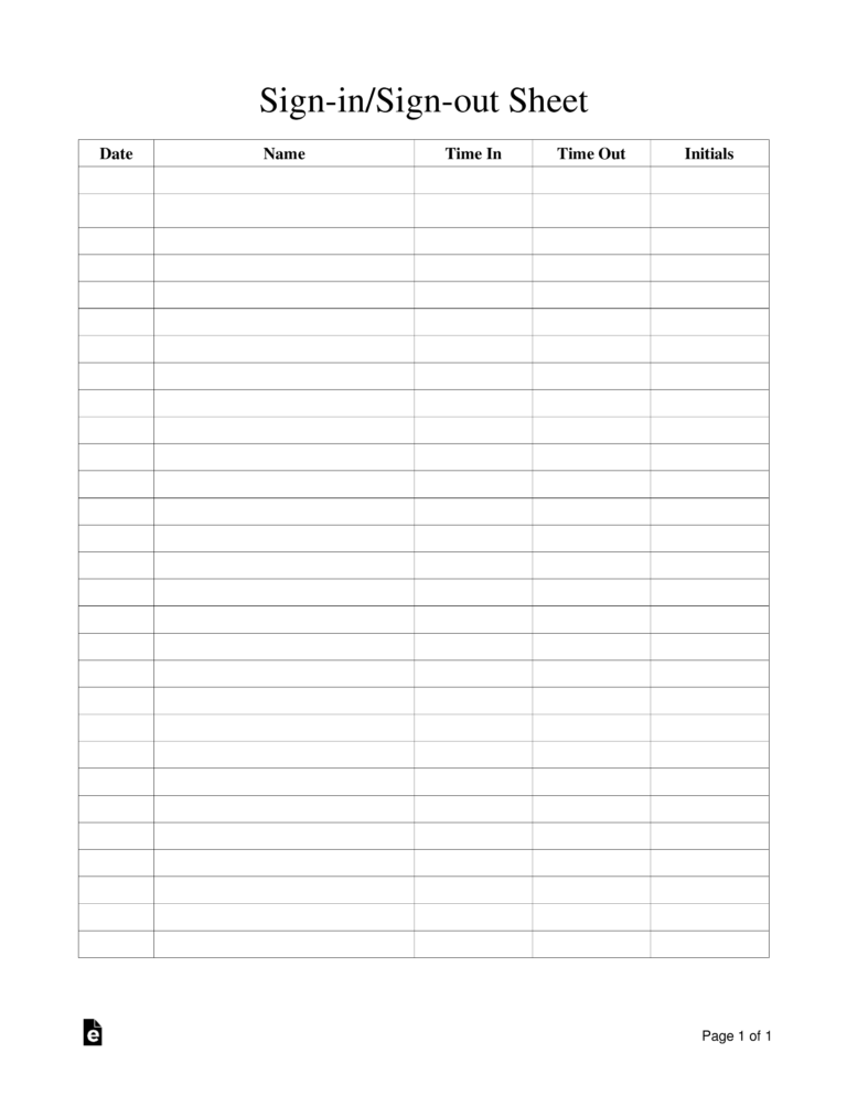 Free Sign in Sign out Sheet Template PDF Word EForms