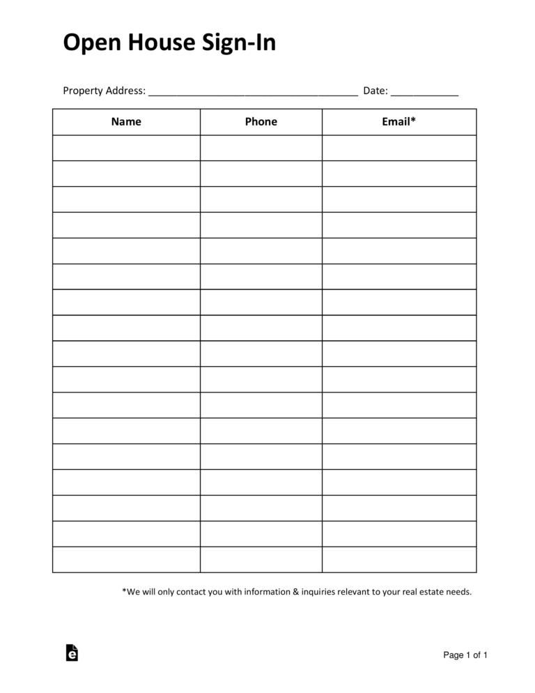 Free Simple Real Estate Open House Sign in Sheet PDF Word EForms