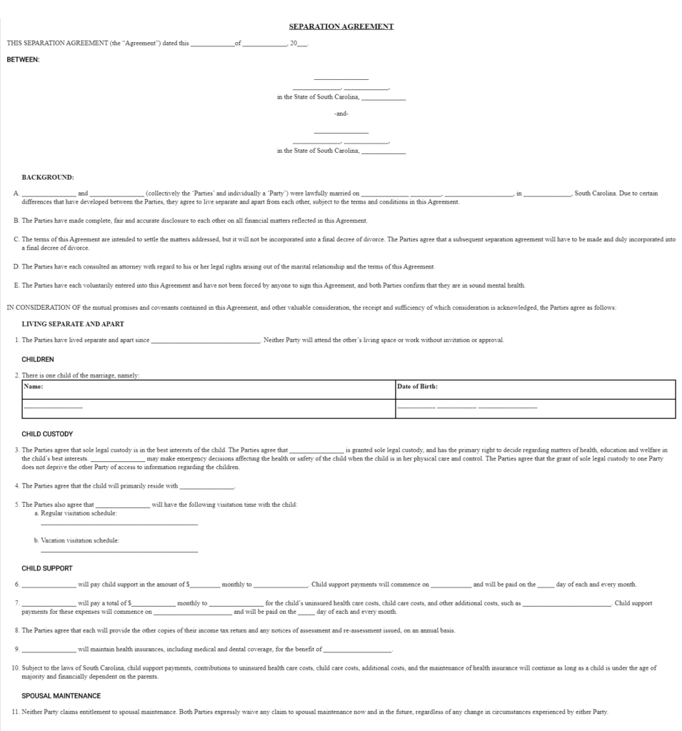 Free South Carolina Marital Separation Agreement Legal 