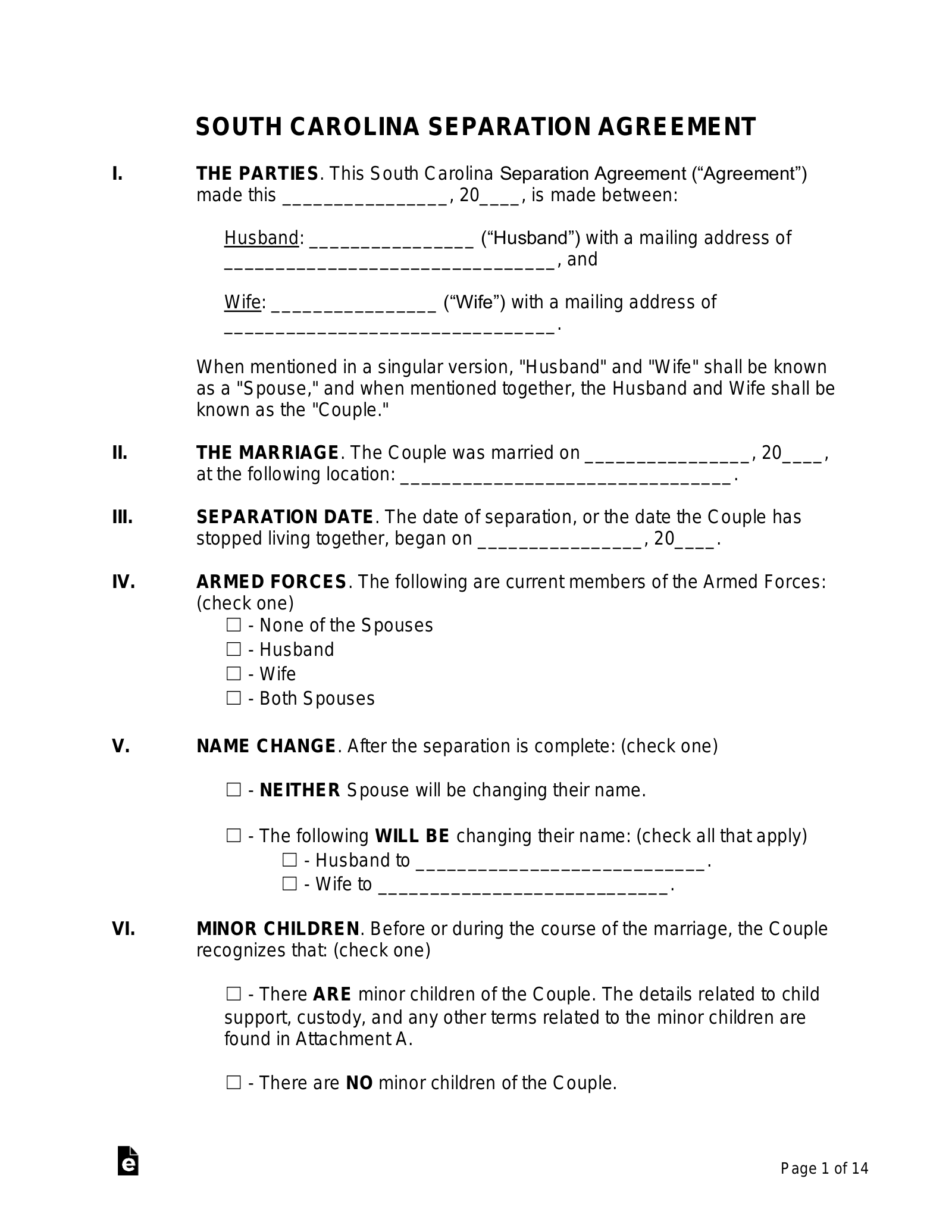 Free South Carolina Separation Agreement Template PDF Word 