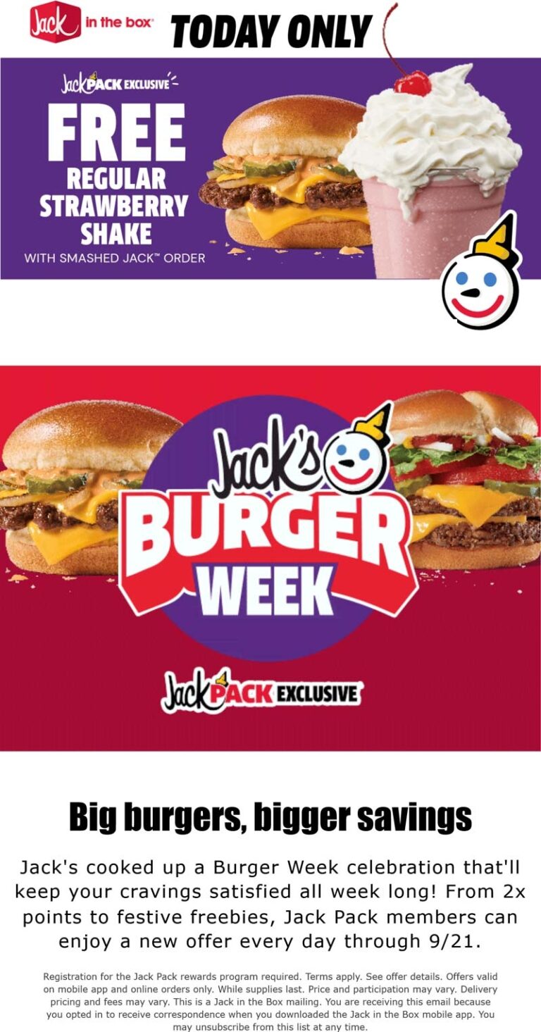 Free Strawberry Milkshake With Your Smashed Jack Today At Jack In The Box Jack In The Box August 2025 Coupons Promo Codes U0026 Deals 