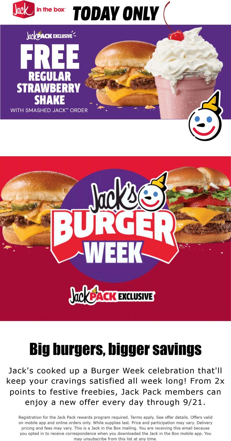 Free Strawberry Milkshake With Your Smashed Jack Today At Jack In The Box Jack In The Box August 2025 Coupons Promo Codes U0026 Deals 