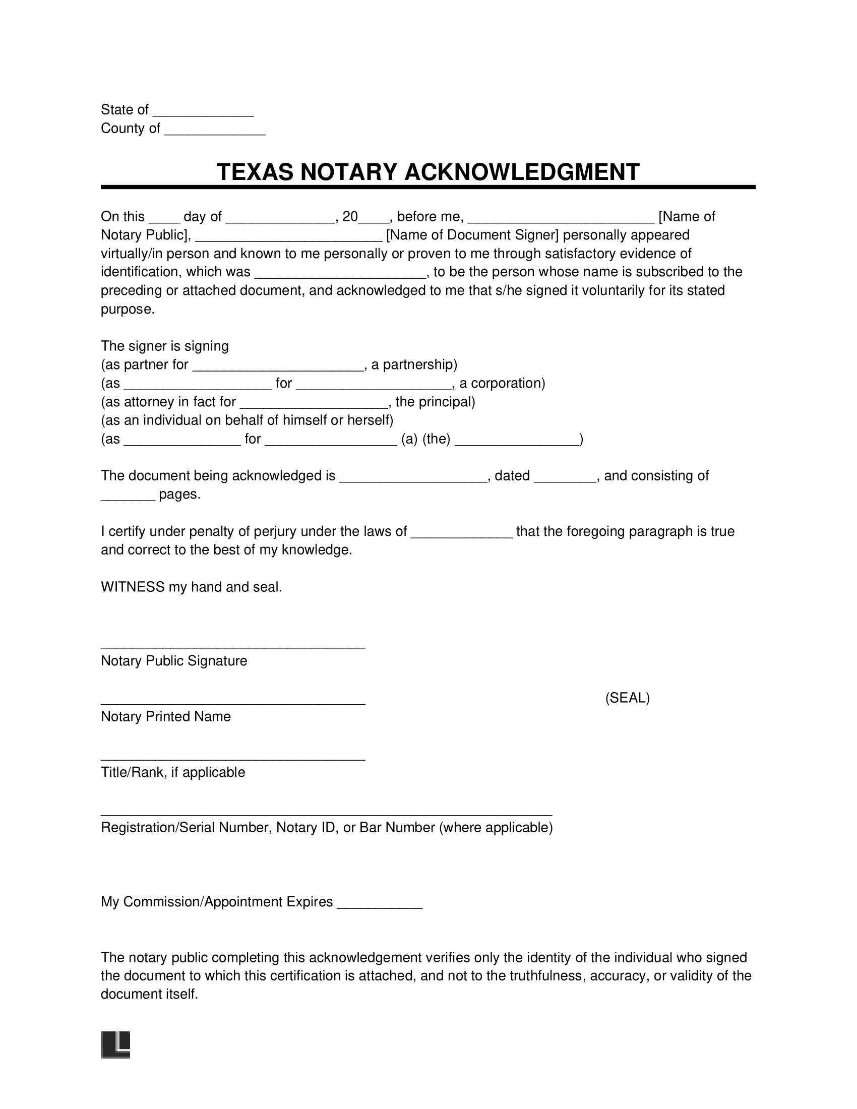 Free Texas Notary Acknowledgment Form PDF U0026 Word