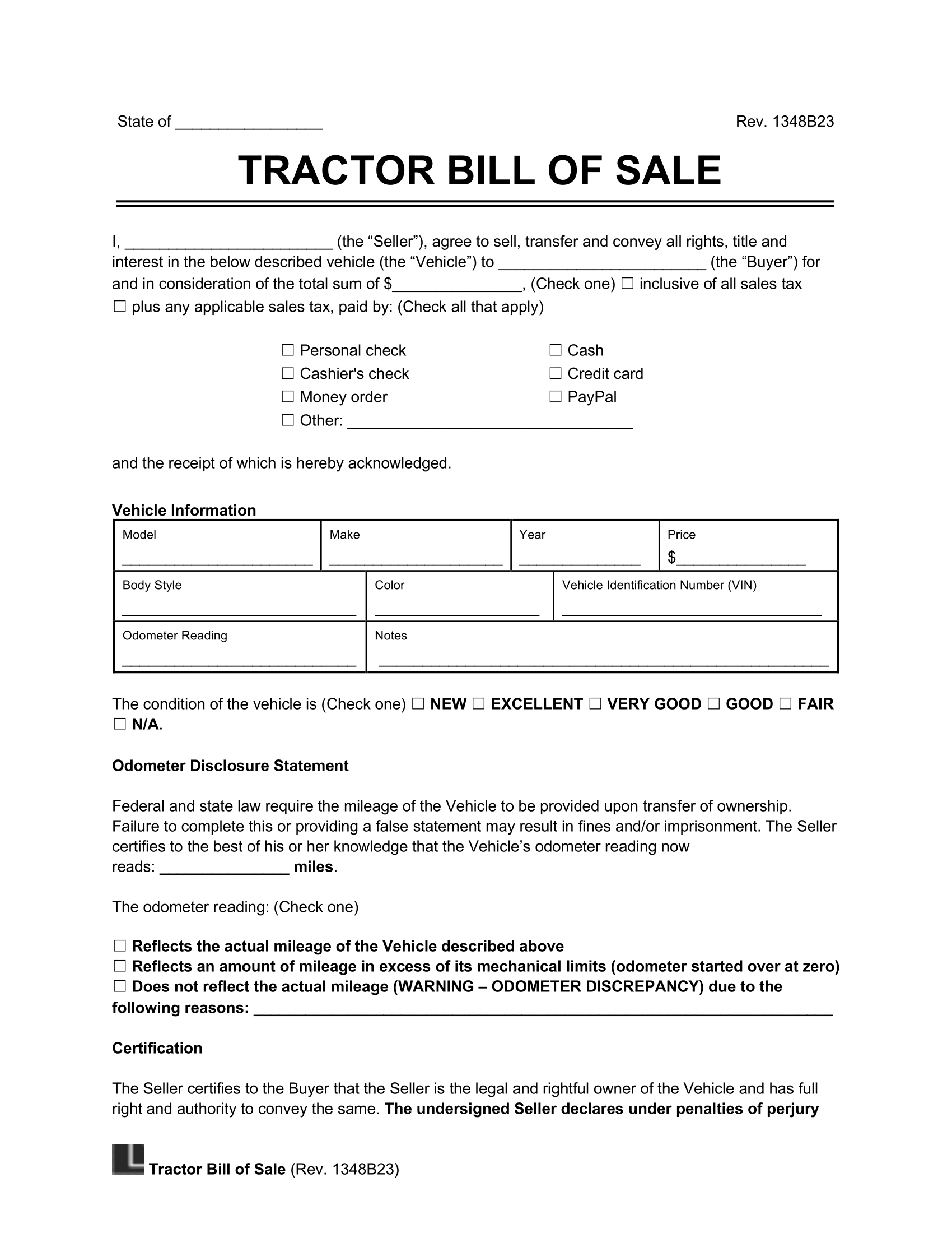 Free Tractor Bill Of Sale Form PDF U0026 Word