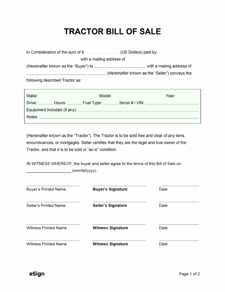 Free Tractor Bill Of Sale Form PDF Word
