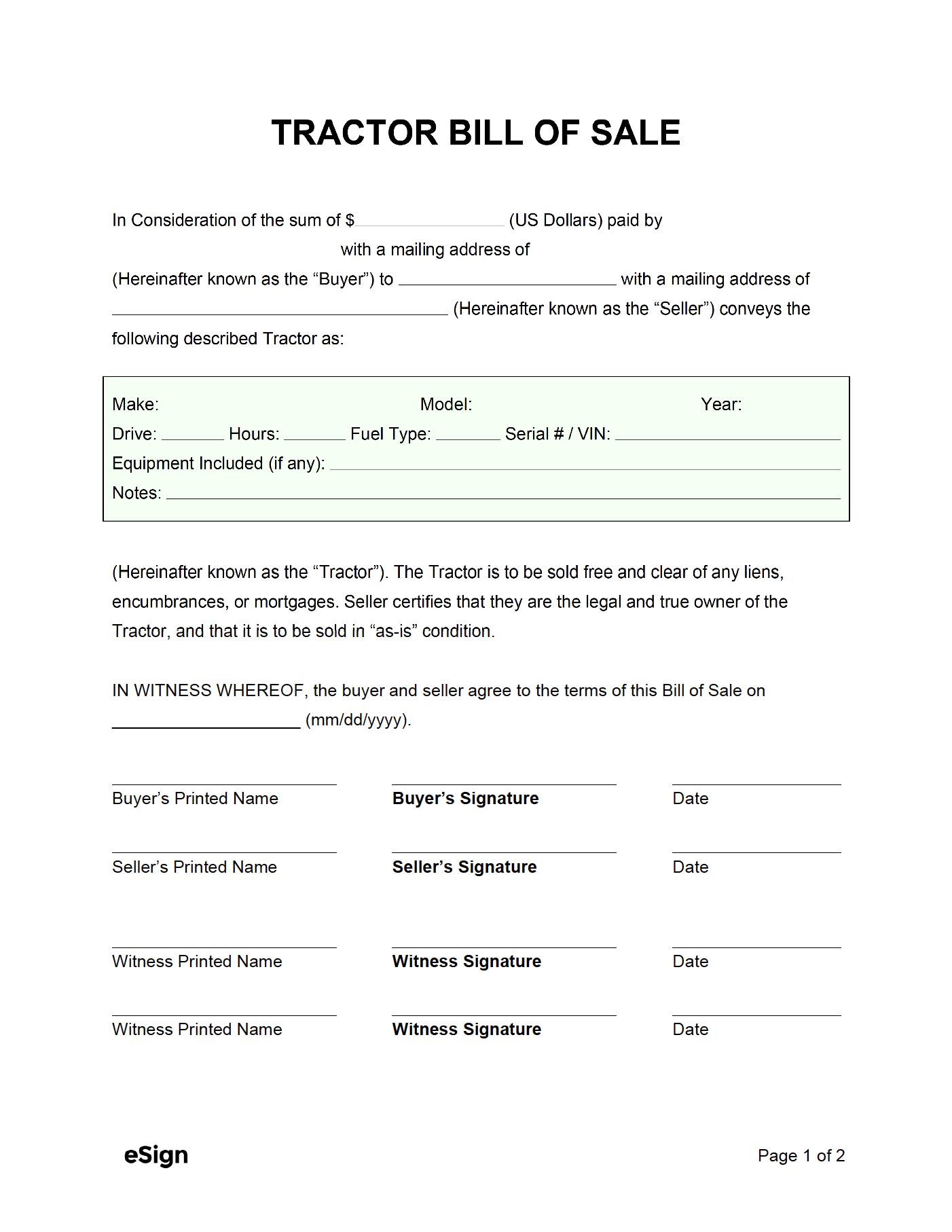 Free Tractor Bill Of Sale Form PDF Word