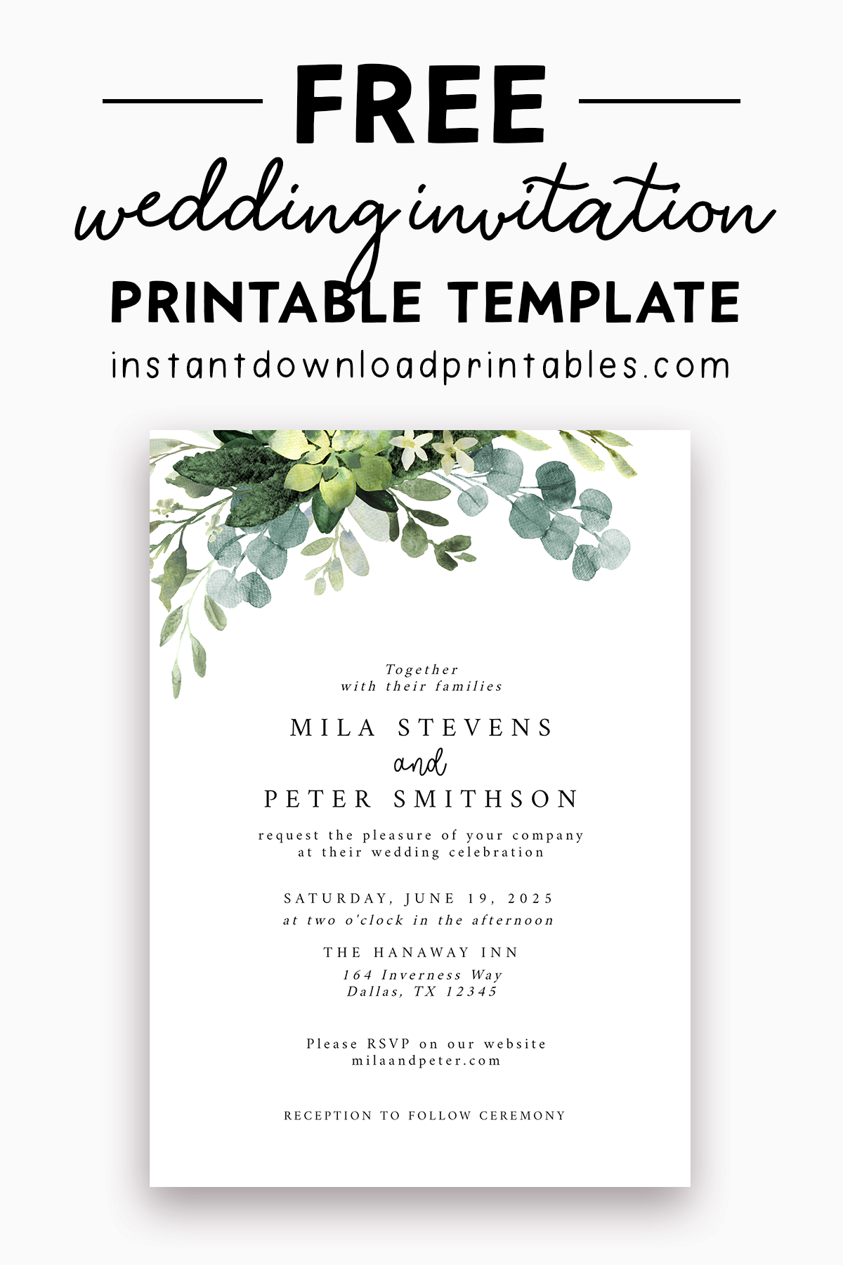 Free Wedding Invitation Template Eucalyptus Green Leaves Free Wedding Invitation Template Eucalyptus Green Leaves